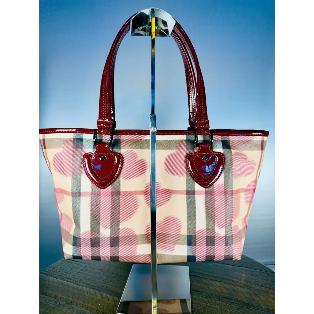 Authentic Burberry Heart Nova Check Tote Bag Coated Canvas Red Patent Trim Charm